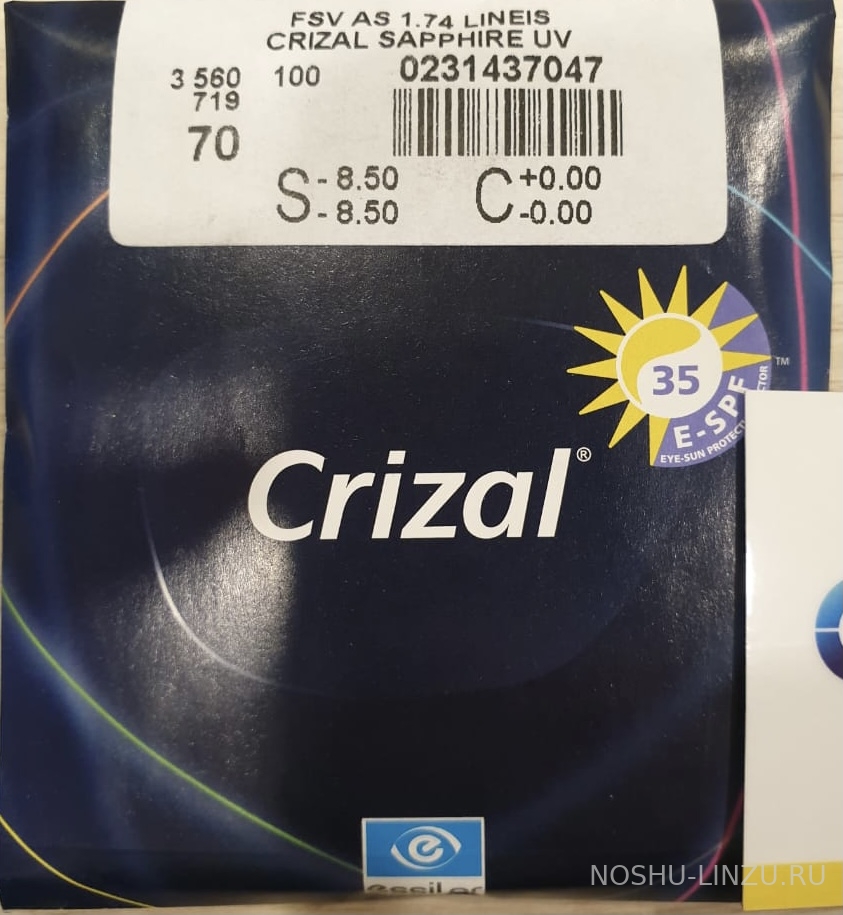    Essilor Lineis AS 1.74 Crizal Sapphire UV 